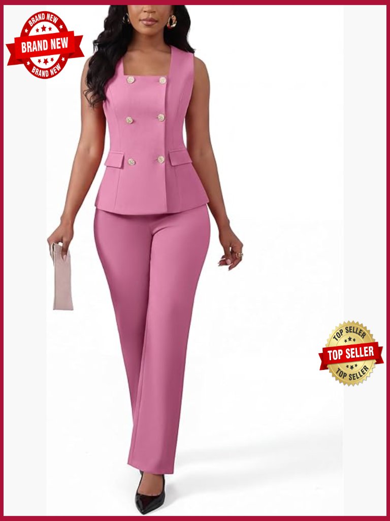 2 Piece Blazer Vest And Pants Set Square Neck Sleeveless For Work Office